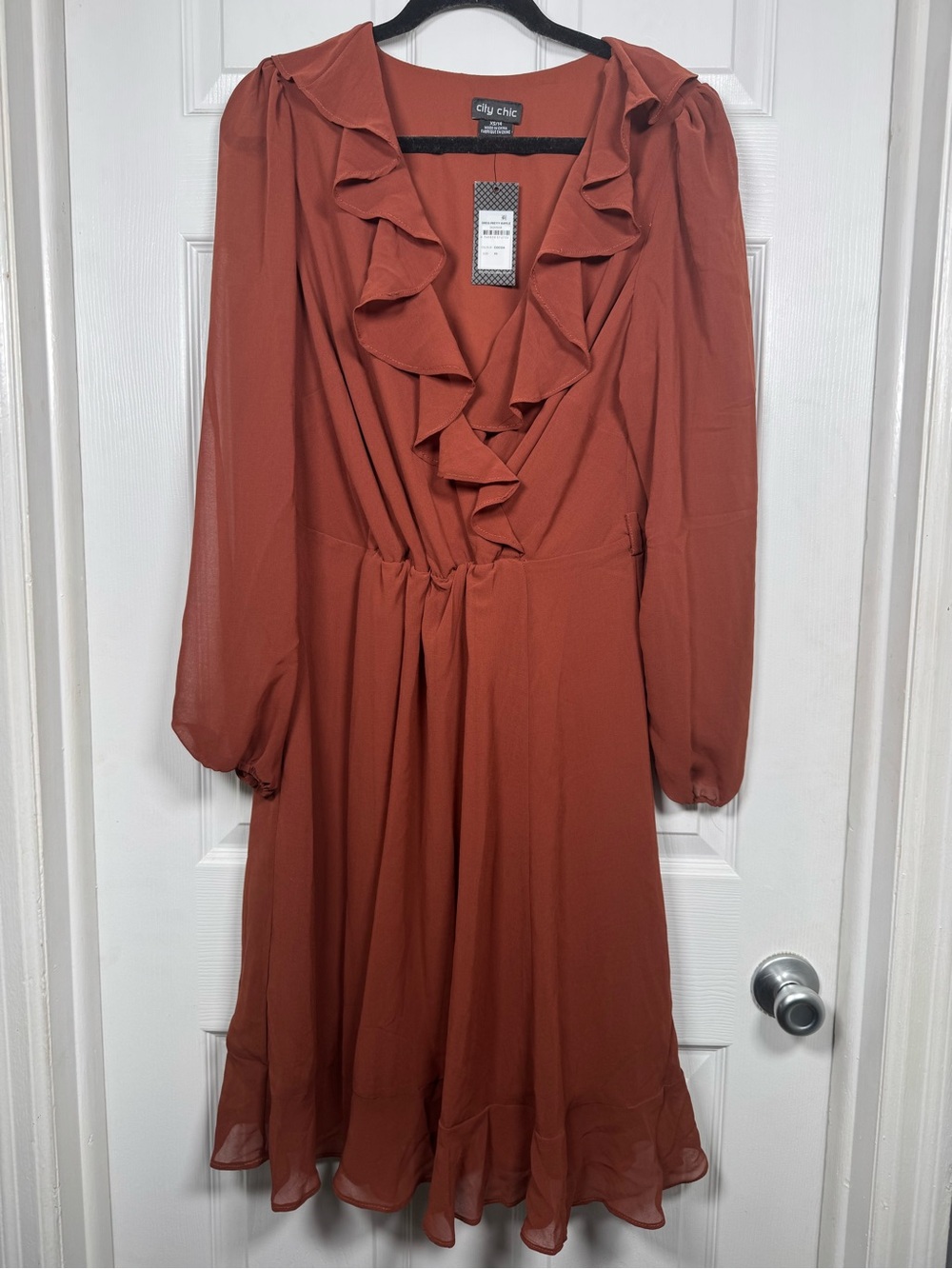 City Chic Brown Ruffle Chiffon Long Sleeve Midi Dress XS 14 NWT
